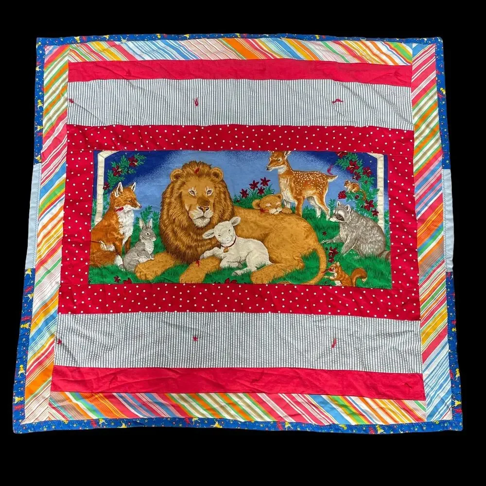 Handmade Patchwork Baby Blanket Bible Theme Lamb Lion Comforter Animals OOAK